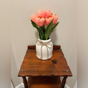 Rustic Spring Artificial Pink Tulips Flower Arrangement White Ceramic Vase